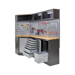 Complete werkplaatsinrichting, werkbank + hoekstuk met hardhouten werkblad, gereedschapskast, 223 x 200 cm