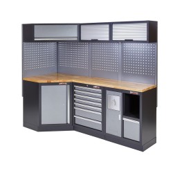 Complete werkplaatsinrichting, gevulde gereedschapskast, werkbank + hoekstuk met hardhouten werkblad, 223 x 200 cm Complete werkplaatsinrichting, gevulde gereedschapskast, werkbank + hoekstuk met hardhouten werkblad, 223 x 200 cm
