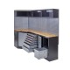 Complete werkplaatsinrichting, gevulde gereedschapskast, werkbank + hoekstuk met hardhouten werkblad, 223 x 200 cm