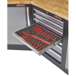 Complete werkplaatsinrichting, gevulde gereedschapskast, werkbank + hoekstuk met hardhouten werkblad, 223 x 200 cm Complete werkplaatsinrichting, gevulde gereedschapskast, werkbank + hoekstuk met hardhouten werkblad, 223 x 200 cm