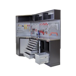 Complete werkplaatsinrichting, gevulde gereedschapskast, werkbank + hoekstuk met metaal omkleed werkblad, 223 x 200 cm Complete werkplaatsinrichting, gevulde gereedschapskast, werkbank + hoekstuk met metaal omkleed werkblad, 223 x 200 cm