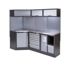 Complete werkplaatsinrichting, gevulde gereedschapskast, werkbank + hoekstuk met metaal omkleed werkblad, 223 x 200 cm Complete werkplaatsinrichting, gevulde gereedschapskast, werkbank + hoekstuk met metaal omkleed werkblad, 223 x 200 cm