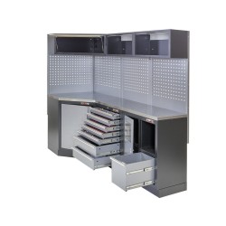 Complete werkplaatsinrichting, gevulde gereedschapskast, werkbank + hoekstuk met metaal omkleed werkblad, 223 x 200 cm Complete werkplaatsinrichting, gevulde gereedschapskast, werkbank + hoekstuk met metaal omkleed werkblad, 223 x 200 cm