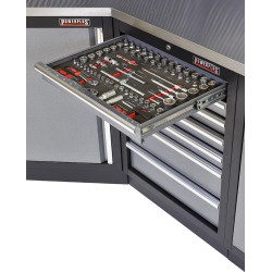 Complete werkplaatsinrichting, gevulde gereedschapskast, werkbank + hoekstuk met metaal omkleed werkblad, 223 x 200 cm Complete werkplaatsinrichting, gevulde gereedschapskast, werkbank + hoekstuk met metaal omkleed werkblad, 223 x 200 cm