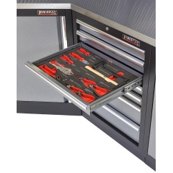 Complete werkplaatsinrichting, gevulde gereedschapskast, werkbank + hoekstuk met metaal omkleed werkblad, 223 x 200 cm Complete werkplaatsinrichting, gevulde gereedschapskast, werkbank + hoekstuk met metaal omkleed werkblad, 223 x 200 cm