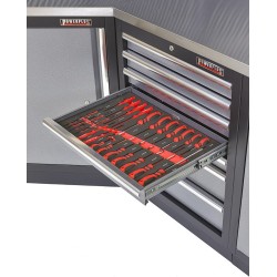 Complete werkplaatsinrichting, gevulde gereedschapskast, werkbank + hoekstuk met metaal omkleed werkblad, 223 x 200 cm Complete werkplaatsinrichting, gevulde gereedschapskast, werkbank + hoekstuk met metaal omkleed werkblad, 223 x 200 cm