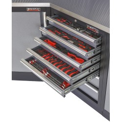 Complete werkplaatsinrichting, gevulde gereedschapskast, werkbank + hoekstuk met metaal omkleed werkblad, 223 x 200 cm Complete werkplaatsinrichting, gevulde gereedschapskast, werkbank + hoekstuk met metaal omkleed werkblad, 223 x 200 cm