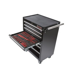 Gereedschapswagen zwart, 5 laden gevuld met gereedschap in foam inleg