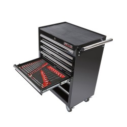 Gereedschapswagen zwart, 5 laden gevuld met gereedschap in foam inleg