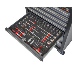 Gereedschapswagen grijs/antraciet, 5 laden gevuld met gereedschap in foam inleg Gereedschapswagen grijs/antraciet, 5 laden gevuld met gereedschap in foam inleg