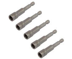 Set van 5 dop bit adapters 1/4" sleutelwijdte 10 mm. lengte 65 mm. - magnetische adapter voor boormachine