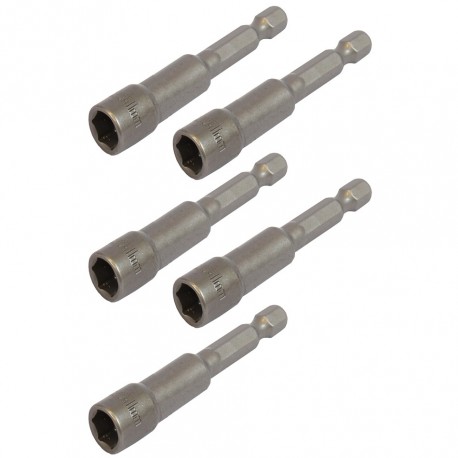 Set van 5 dop bit adapters 1/4" sleutelwijdte 11 mm. lengte 65 mm. - magnetische adapter voor boormachine