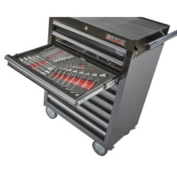 Gevulde gereedschapswagen zwart,  waarvan 9 laden gevuld met gereedschap in foam inleg