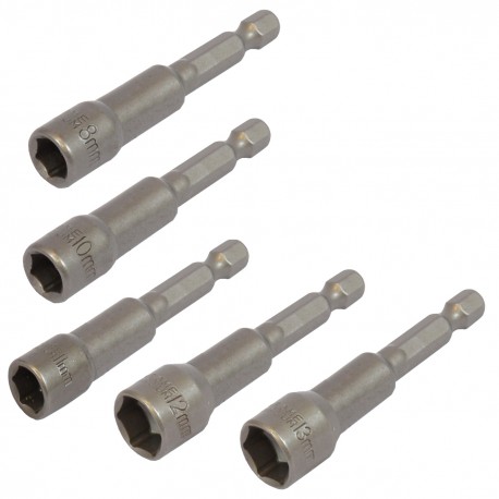 Set van 5 dop bit adapters 1/4" sleutelwijdte 8, 10, 11, 12 en 13 mm. lengte 65 mm. - magnetische adapter voor boormachine