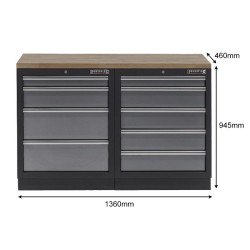 Werkbank set - Werkplaatskast - Gereedschapskast met hardhouten werkblad en 9 laden - 136 x 46 x 94,6 cm.