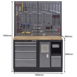 Werkbank set met hardhouten werkblad, gereedschapsbord, afvalbak en 5 laden - 136 x 46 x 94,5 / 199,5 cm.