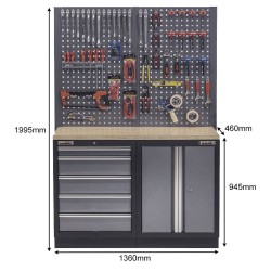 Werkbank set met hardhouten werkblad, gereedschapskast, gereedschapsbord - 5 laden - 136 x 46 x 94,5 / 199,5  cm