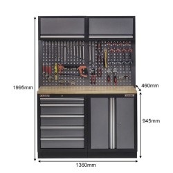 Werkbank set met hardhouten blad, gereedschapskast, gereedschapsbord 2 x hangkast - 5 laden - 136 x 46 x 94,5 / 199,5 cm