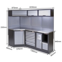 Complete werkplaatsinrichting, gevulde gereedschapskast, werkbank + hoekstuk met metaal omkleed werkblad, 223 x 200 cm Complete werkplaatsinrichting, gevulde gereedschapskast, werkbank + hoekstuk met metaal omkleed werkblad, 223 x 200 cm