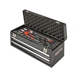 Gereedschapskist zwart, gevuld met 84 delen gereedschap in foam inleg Gereedschapskist zwart, gevuld met 84 delen gereedschap in foam inleg