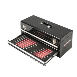 Gereedschapskist zwart, gevuld met 84 delen gereedschap in foam inleg Gereedschapskist zwart, gevuld met 84 delen gereedschap in foam inleg