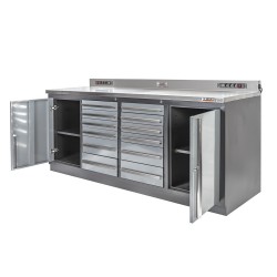 Professionele werkbank – montagetafel 215 x 70 x 95 cm. met 12 laden en 2 gereedschapskasten