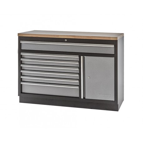 Werkplaatskast / werkbank met 7 laden + draaideurkast met hardhouten werkblad - 136 x 46 x 94,8 cm