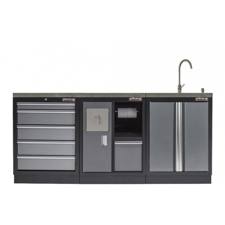 Werkbank set met MDF werkblad met RVS plaat omkleed - 6 laden - 204 x 46 x 94,6 cm. Werkbank met laden - ladenblok