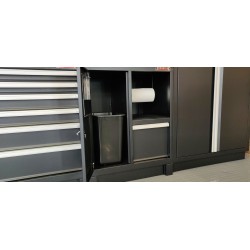 Complete werkplaatsinrichting mat zwart, werkbank + hardhouten blad, gereedschapskast, 12 laden, 379,5 x 200 cm