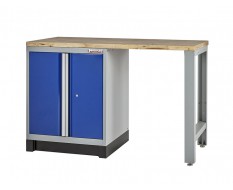 Heavy Duty werkbank met hardhouten werkblad en werkplaatskast blauw - 144 x 60 x 95 cm.