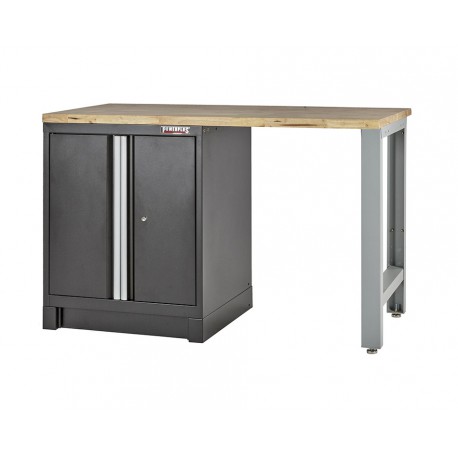 Heavy Duty werkbank met hardhouten werkblad, grijs pootstel en werkplaatskast zwart - 144 x 60 x 94 cm