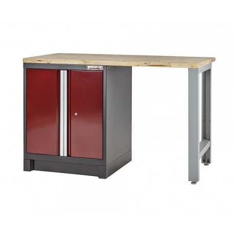 Heavy Duty werkbank met hardhouten werkblad, grijs pootstel en werkplaatskast donkerrood - 144 x 60 x 94 cm