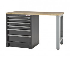 Heavy Duty werkbank met hardhouten werkblad, grijs pootstel en laden blok zwart - 144 x 60 x 94 cm