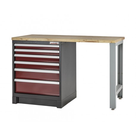 Heavy Duty werkbank met hardhouten werkblad. grijs pootstel en laden blok donkerrood - 144 x 60 x 94 cm