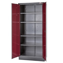Complete werkplaatsinrichting donker rood, RVS blad,  gereedschapskast, 4 x hangkast,12 laden, 379,5 x 200 cm