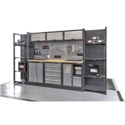 Complete Werkplaatsinrichting, werkbank houten blad, gereedschapskast, Magazijnstelling, 3 x hangkast, 5 laden, 342 x 200 cm Complete Werkplaatsinrichting, werkbank houten blad, gereedschapskast, Magazijnstelling, 3 x hangkast, 5 laden, 342 x 200 cm