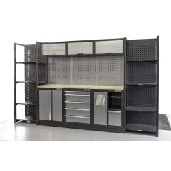 Complete Werkplaatsinrichting, werkbank houten blad, gereedschapskast, Magazijnstelling, 3 x hangkast, 5 laden, 342 x 200 cm Complete Werkplaatsinrichting, werkbank houten blad, gereedschapskast, Magazijnstelling, 3 x hangkast, 5 laden, 342 x 200 cm