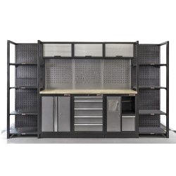 Complete Werkplaatsinrichting, werkbank houten blad, gereedschapskast, Magazijnstelling, 3 x hangkast, 5 laden, 342 x 200 cm Complete Werkplaatsinrichting, werkbank houten blad, gereedschapskast, Magazijnstelling, 3 x hangkast, 5 laden, 342 x 200 cm