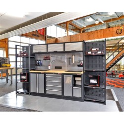 Complete Werkplaatsinrichting, werkbank houten blad, gereedschapskast, Magazijnstelling, 3 x hangkast, 5 laden, 342 x 200 cm Complete Werkplaatsinrichting, werkbank houten blad, gereedschapskast, Magazijnstelling, 3 x hangkast, 5 laden, 342 x 200 cm