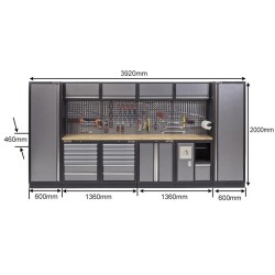 Complete Werkplaatsinrichting, werkbank houten blad, gereedschapskast, gereedschapsbord, 4 x hangkast,17 laden, 392 x 200 cm.