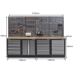 Werkbank set met hardhouten werkblad, gereedschapskast, gereedschapsbord - 19 laden - 272 x 46 x 94,5 / 199,5 cm