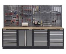 Werkbank set met hardhouten werkblad, gereedschapskast, gereedschapsbord - 19 laden - 272 x 46 x 94,5 / 199,5 cm
