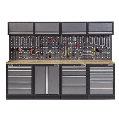 Werkbank set met hardhouten werkblad, gereedschapskast, gereedschapsbord, bovenkasten - 19 laden - 272 x 46 x 94,5 / 199,5 cm