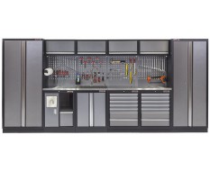 Werkbankset - met RVS plaat omkleed werkblad, werkplaatsinrichting, gereedschapsbord, hangkasten en 19 laden - 455 x 46 x 200 cm