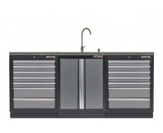 Werkbank set met MDF werkblad met RVS plaat omkleed - 18 laden - 204 x 46 x 94,6 cm. Werkbank met laden - ladenblok
