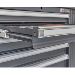 Complete werkplaatsinrichting mat zwart, werkbank + RVS blad, gereedschapskast, 12 laden, 379,5 x 200 cm Complete werkplaatsinrichting mat zwart, werkbank + RVS blad, gereedschapskast, 12 laden, 379,5 x 200 cm