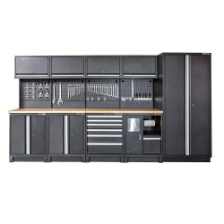 Complete werkplaatsinrichting mat zwart, werkbank + hardhouten blad, gereedschapskast, 6 laden, 379,5 x 200 cm