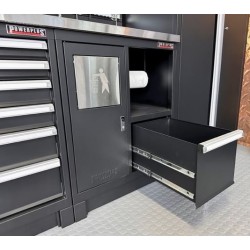 Complete werkplaatsinrichting mat zwart, werkbank + hardhouten blad, gereedschapskast, 6 laden, 288 x 200 cm Complete werkplaatsinrichting mat zwart, werkbank + hardhouten blad, gereedschapskast, 6 laden, 288 x 200 cm