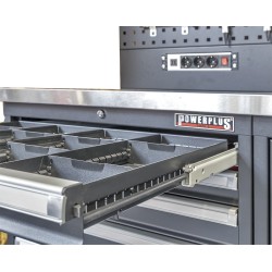 Complete werkplaatsinrichting mat zwart, werkbank + hardhouten blad, gereedschapskast, 6 laden, 288 x 200 cm Complete werkplaatsinrichting mat zwart, werkbank + hardhouten blad, gereedschapskast, 6 laden, 288 x 200 cm