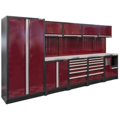 Complete werkplaatsinrichting donker rood, RVS blad, gereedschapskast, 4 x hangkast,12 laden, 379,5 x 200 cm